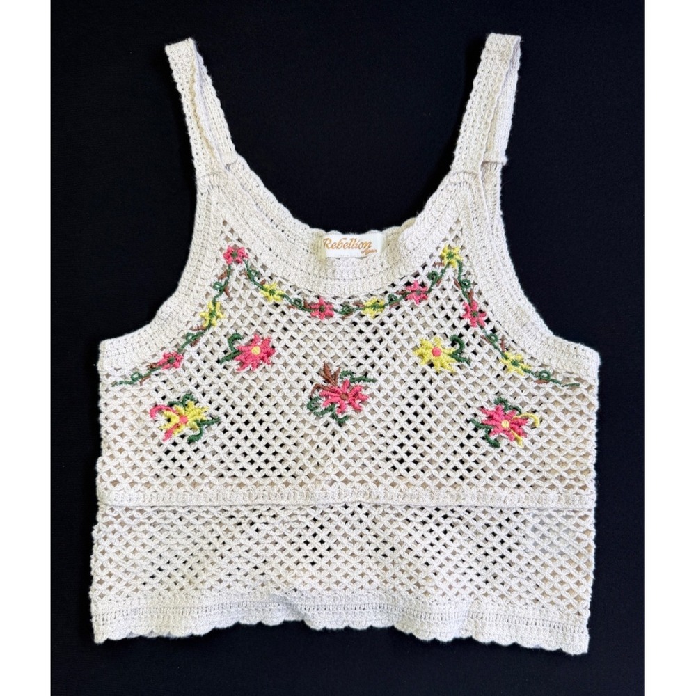 Rebellion Again Crochet‎ Crop Tank Top S Cream Floral Boho Cottagecore Y2K Hip